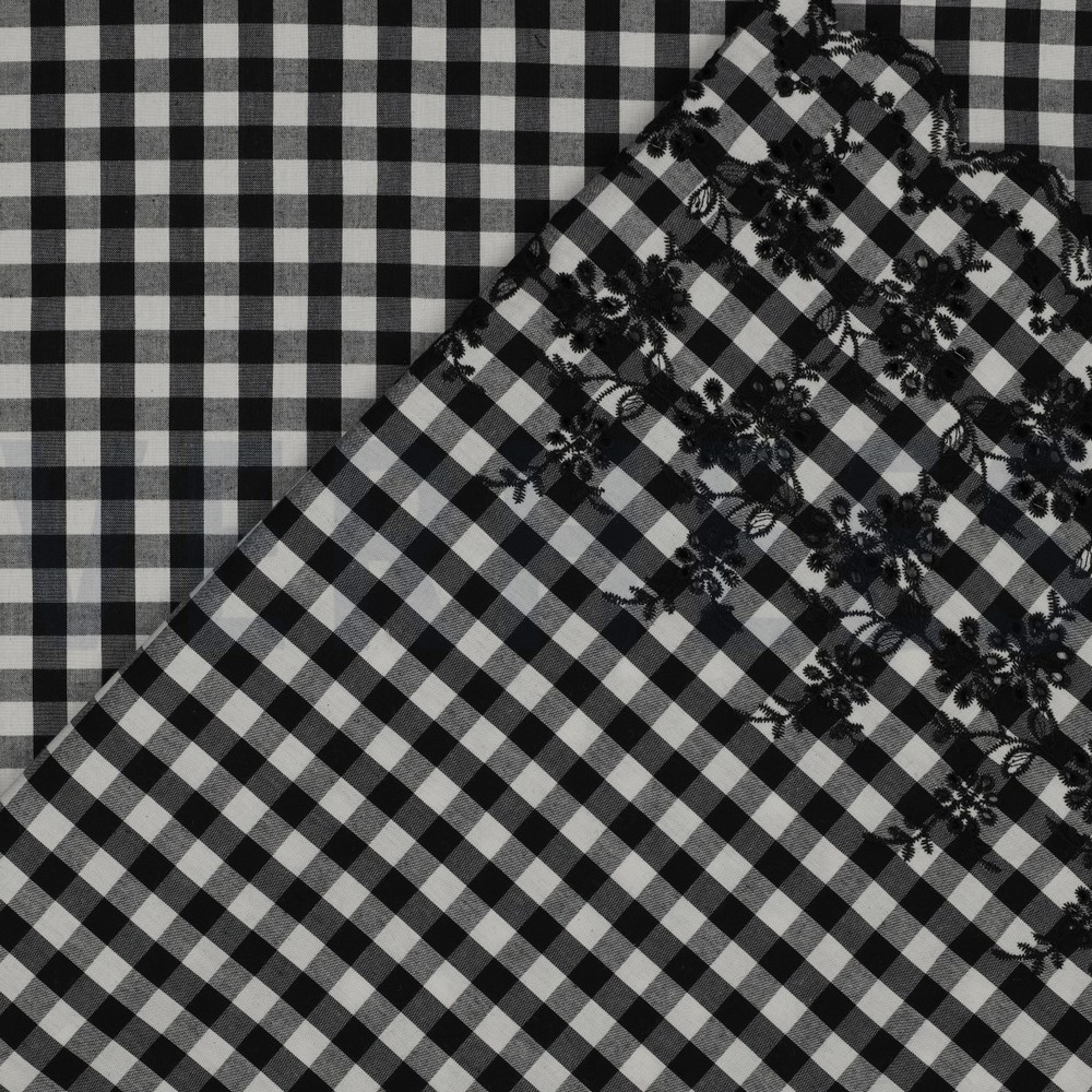 COTTON CHECKS ONE-SIDE BORDER ONE-SIDE SCALLOP BLACK/WHITE #7