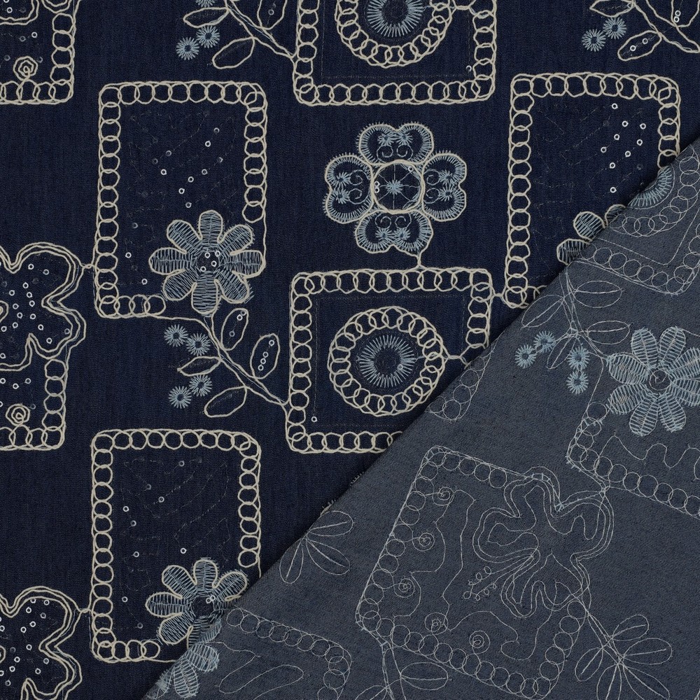 DENIM BRODERIE FLEURS PAILLETTES BLEU FONCÉ #7