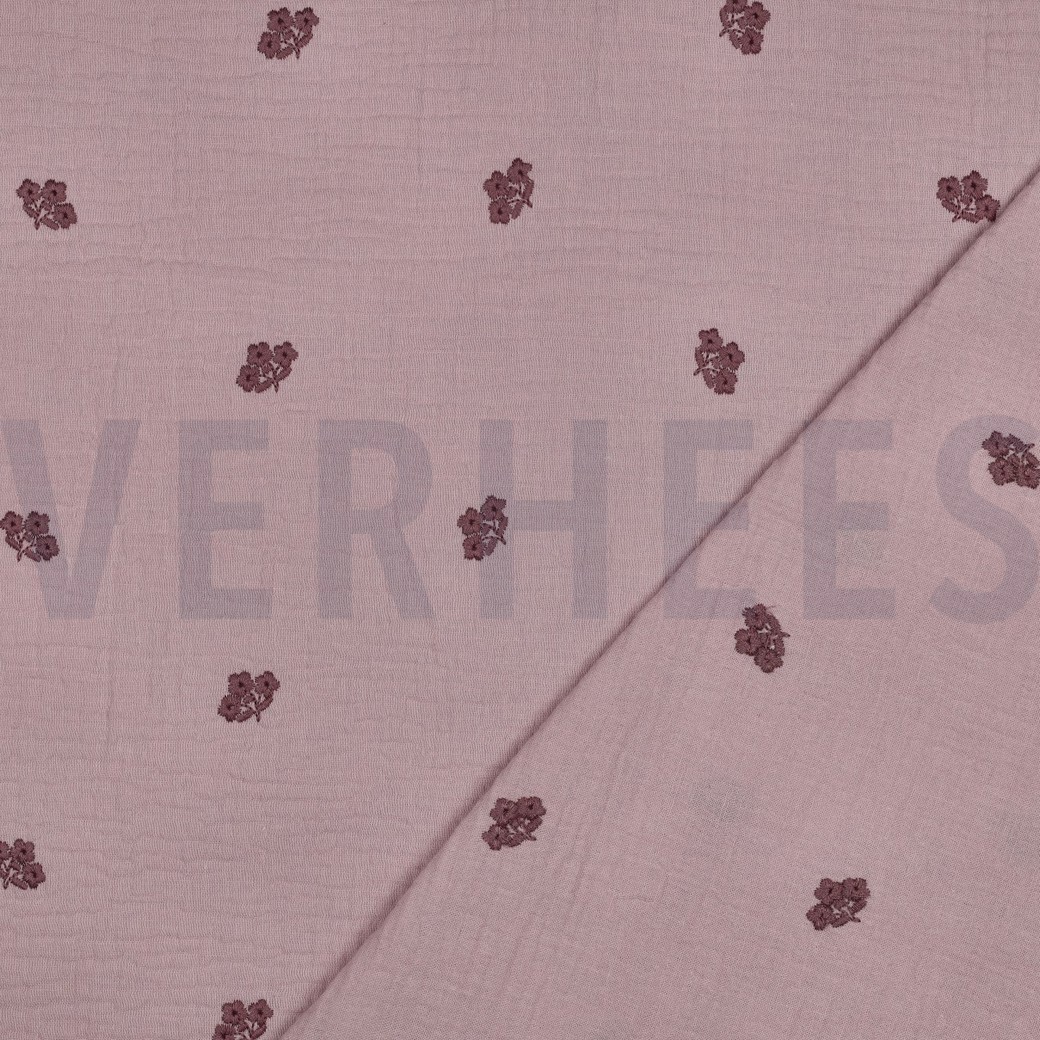 DOUBLE GAZE DE COTON BRODERIE FLEURS MAUVE #7