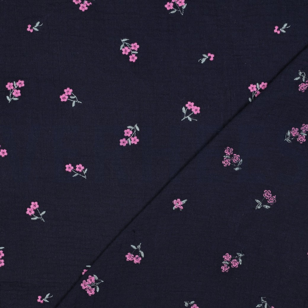 DOUBLE GAZE DE COTON BRODERIE FLEURS BLEU MARINE #7