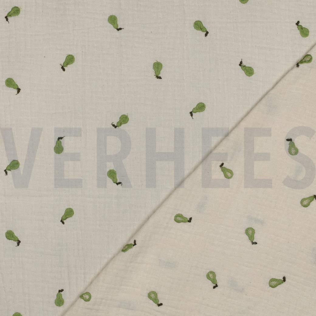 DOUBLE GAZE DE COTON NATUREL BRODERIE FRUITS NATUREL/VERT #7