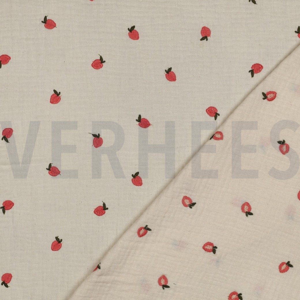DOUBLE GAZE DE COTON NATUREL BRODERIE FRUITS NATUREL/PECHE #7