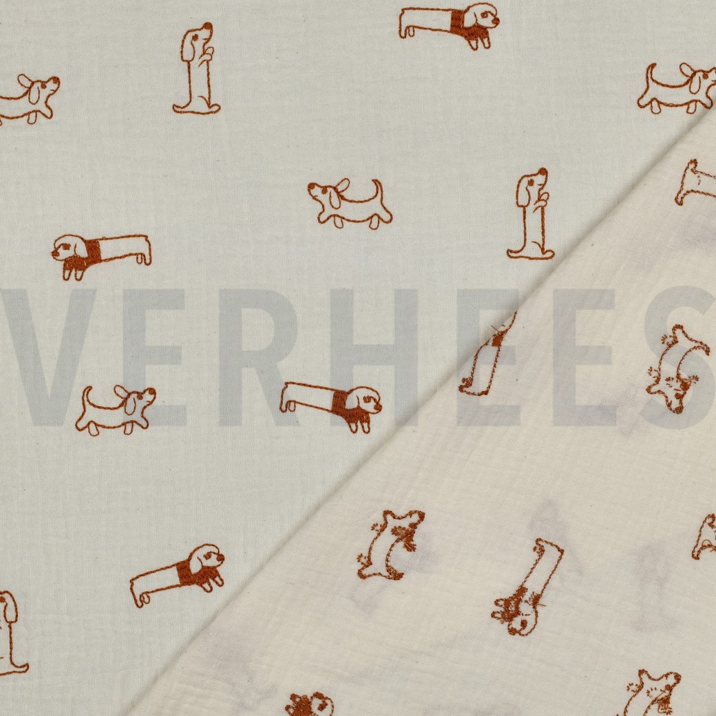 DOUBLE GAZE DE COTON BRODERIE CHIENS ÉCRU #7