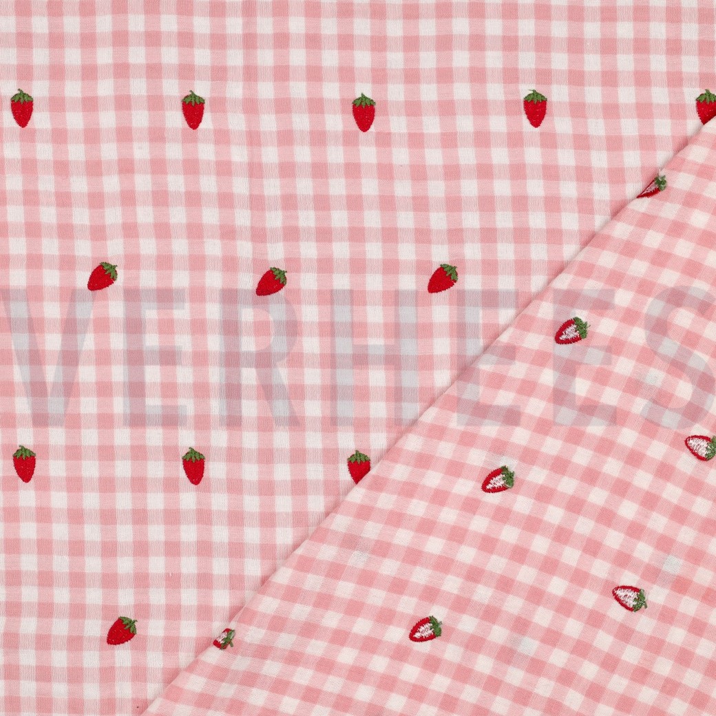 DOUBLE GAZE DE COTON BRODERIE FRAISES ROSE #7