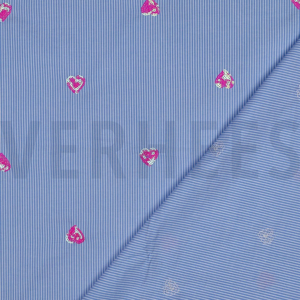 COTTON STRIPES SEQUINS HEARTS BLUE #7