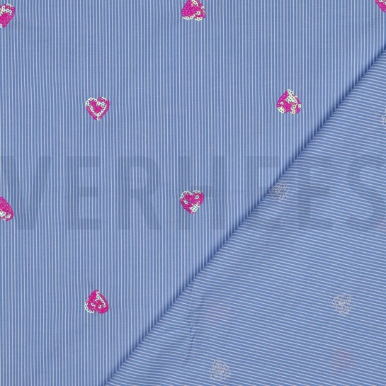 BAUMWOLLE STREIFEN PAILLETTEN HERZEN BLAU #7