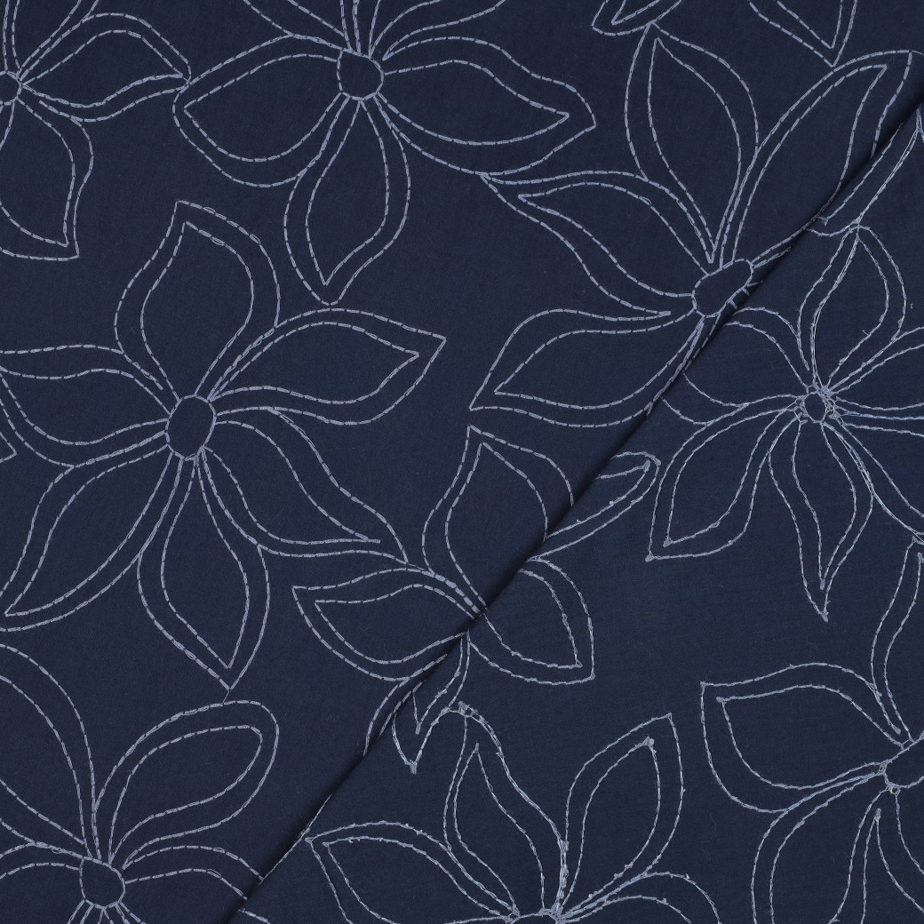 BAUMWOLLE GEWASCHEN STICKEREI BLUMEN MARINEBLAU #7