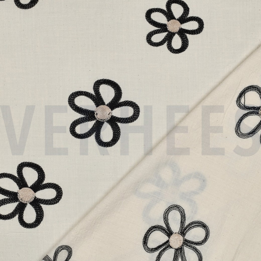 COTTON CRINKLE EMBROIDERY FLOWERS BLACK #7