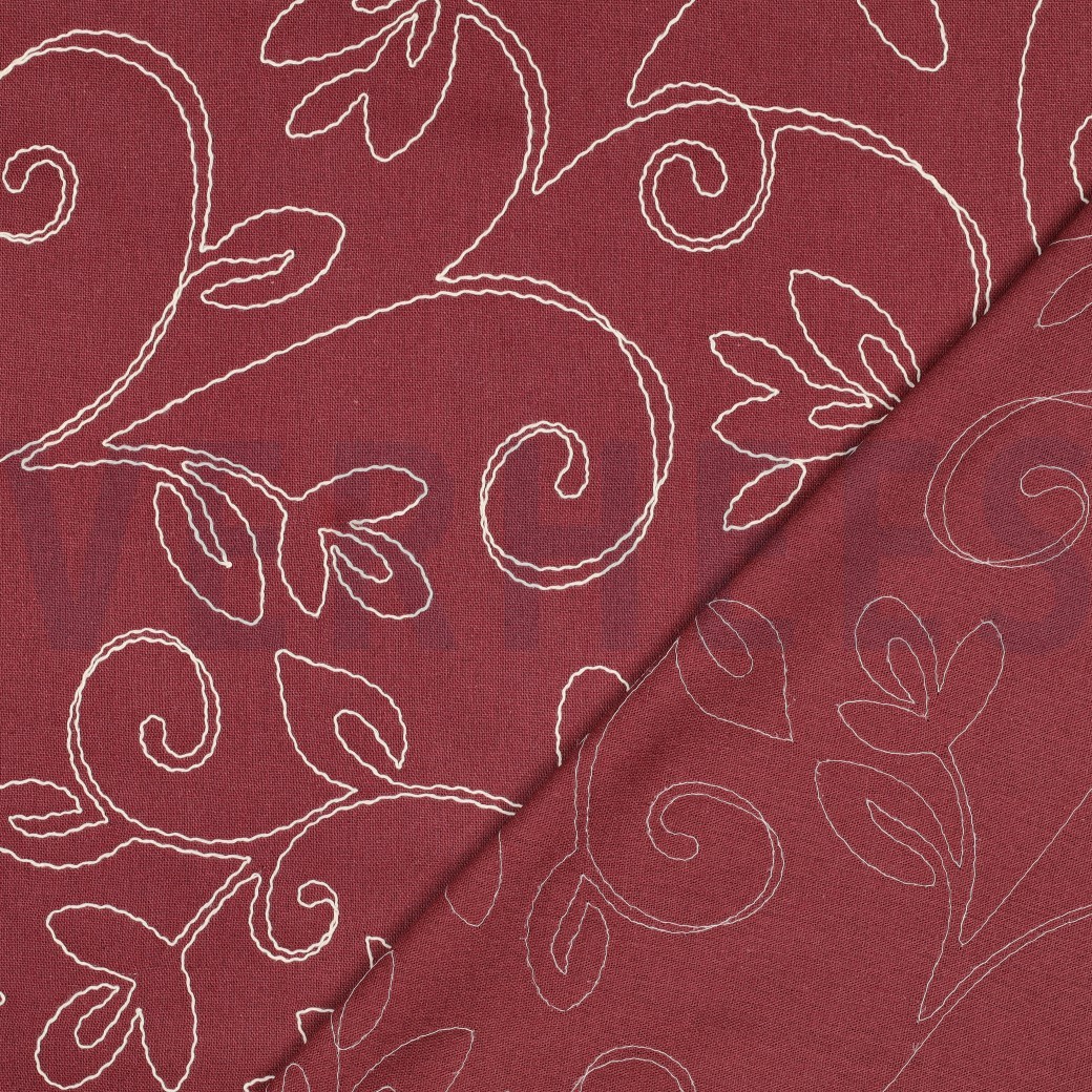 LINNEN VISCOSE EMBROIDERY BLOEMEN BORDEAUXROOD #7