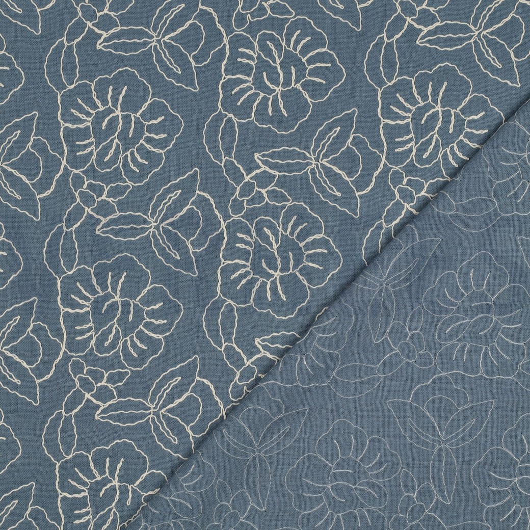 LINNEN VISCOSE EMBROIDERY BLOEMEN OUDBLAUW #7