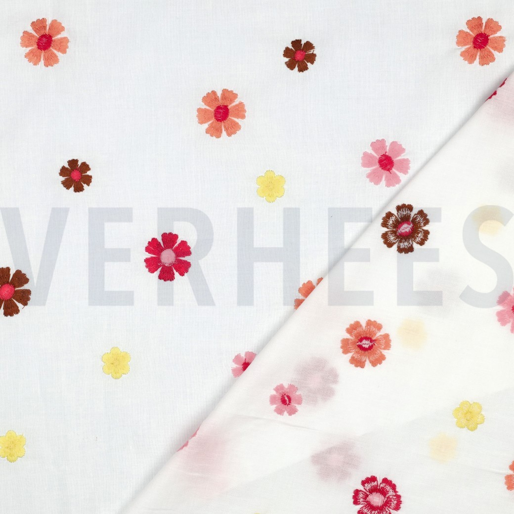 KATOENEN VOILE EMBROIDERY BLOEMEN WIT #7