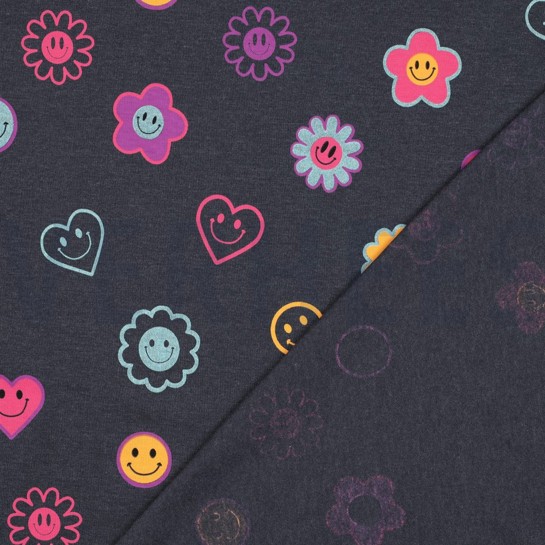 JERSEY GEMÊLEERD GLITTER SMILEYS INDIGO #7