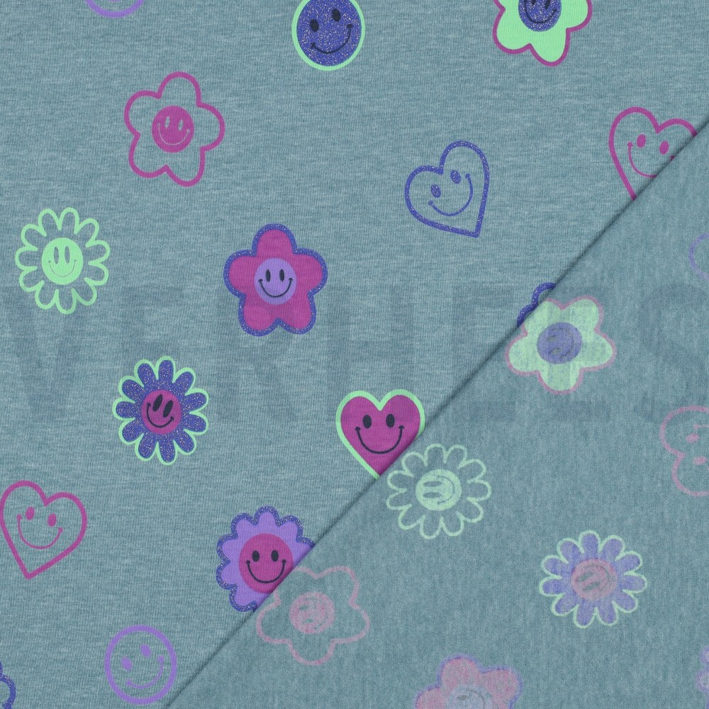JERSEY MELANGE GLITTER HAPPY FACES SMOKE BLUE #7