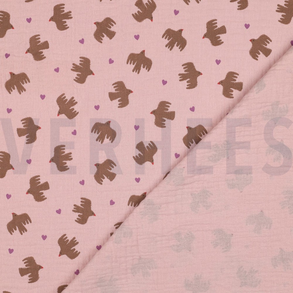 DOUBLE GAUZE GOTS BIRDS SOFT ROSE #7