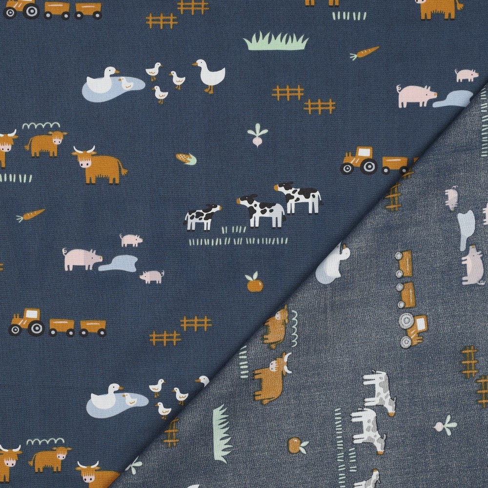 FIJNGEWEVEN KATOENEN POPLIN BOERDERIJDIEREN BLAUW #7