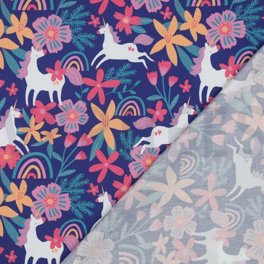 KATOENEN POPLIN BLOEMEN EN EENHOORNS KOBALTBLAUW #7