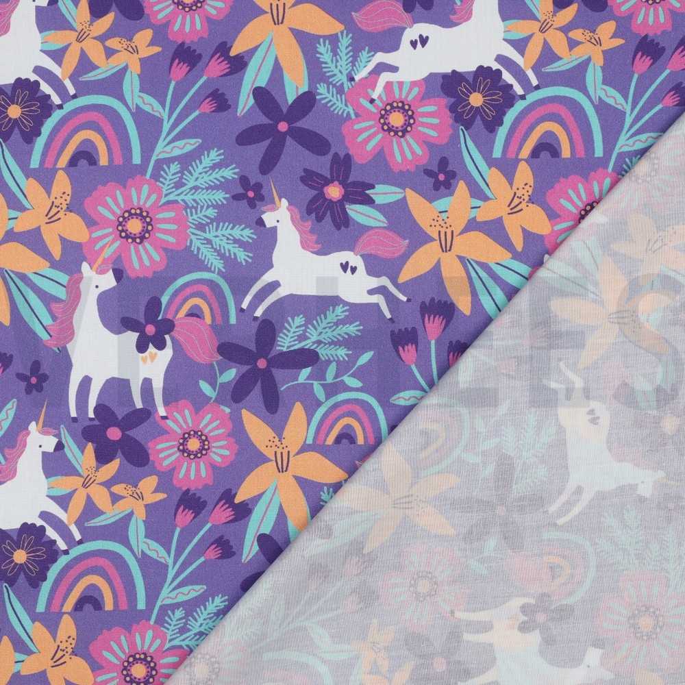 POPELINE DE COTON TISSAGE FIN FLEURS ET LICORNES LAVANDE #7