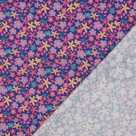 BAUMWOLLE POPELINE BLUMEN UND EINHÖRNER KOBALTBLAU #7