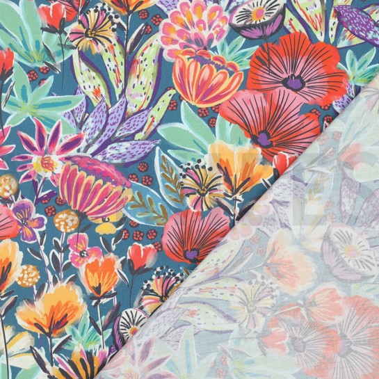 KATOENEN POPLIN DIGITAAL BLOEMEN PETROL #7