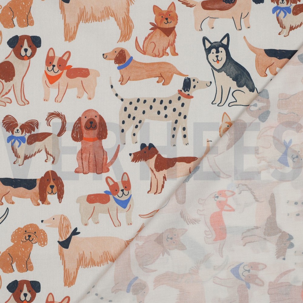 FIJNGEWEVEN KATOENEN POPLIN DIGITAAL HONDEN GEBROKEN WIT #7
