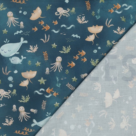 KATOENEN POPLIN DIGITAAL WALVISSEN PETROL #7