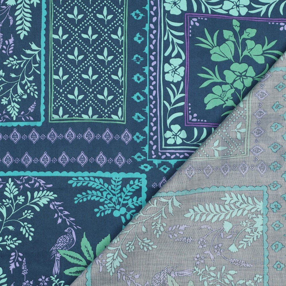 KATOEN SATIJN PATCHWORK BLOEMEN PETROL #7