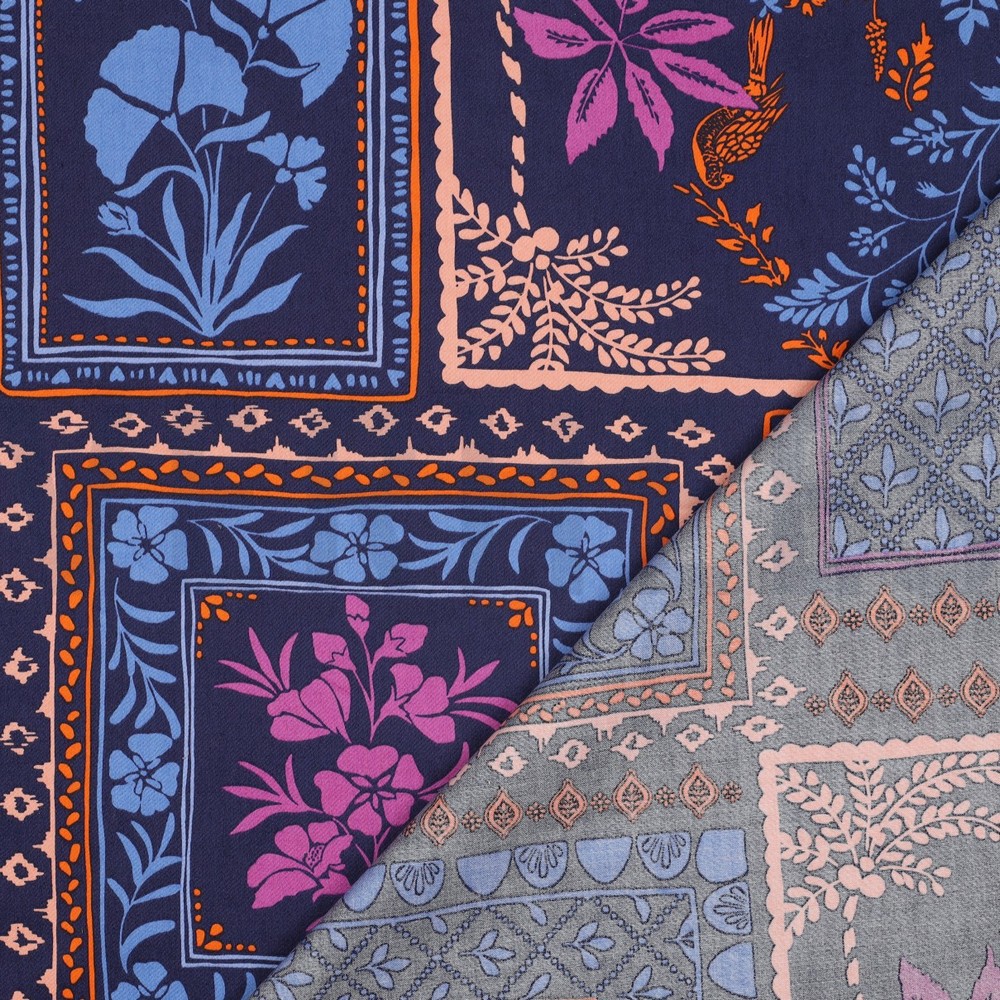 COTTON SATIN PATCHWORK FLOWERS NAVY #7