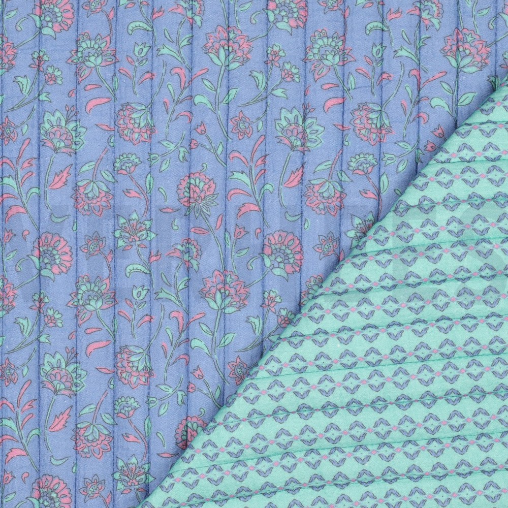 STEPPSTOFF MUSSELIN BLUMEN ZWEISEITIG HELLBLAU/MINT #7