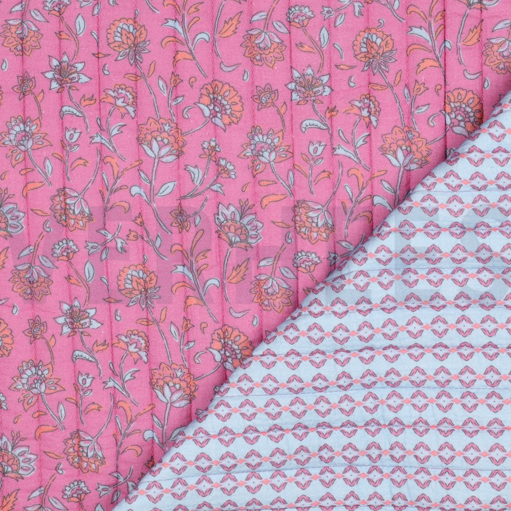 GEWATTEERD DOUBLE GAUZE BLOEMEN TWEEZIJDIG FUCHSIA/LICHTBLAUW #7
