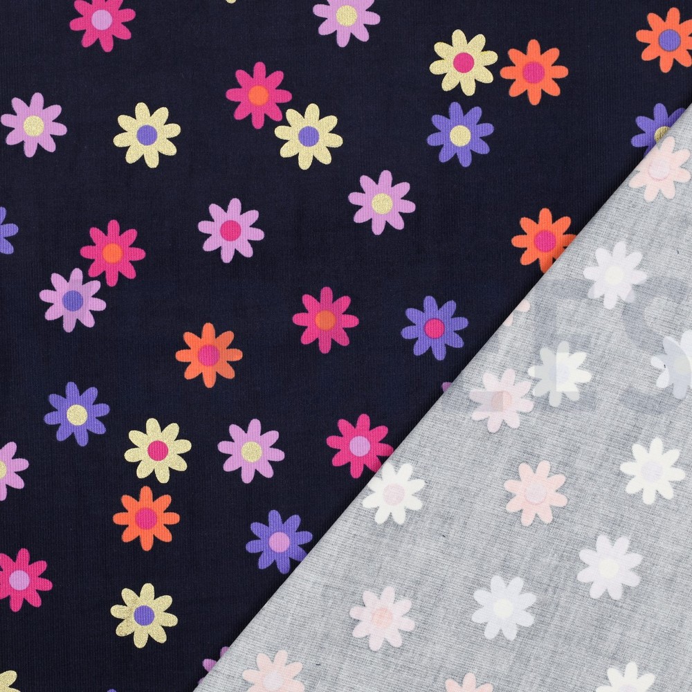 BABYCORD FOIL FLOWERS NAVY #7