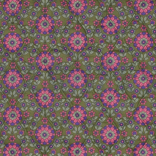 COTTON VOILE STEPPED FLOWERS ARMY GREEN #7