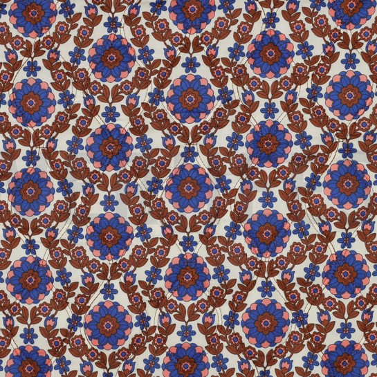 BAUMWOLLE VOILE GESTEPPT BLUMEN KARAMELL/KOBALT #7