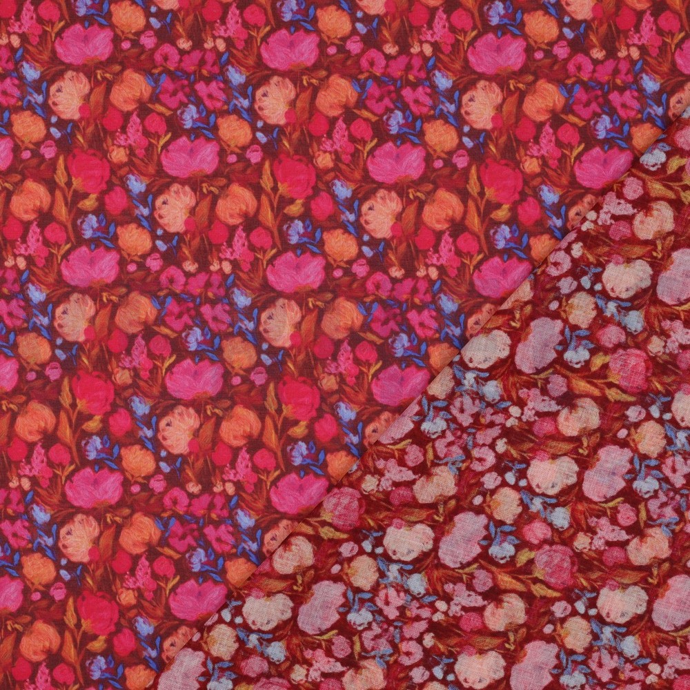 BAUMWOLLE VOILE DIGITAL BLUMEN BORDEAUXROT #7