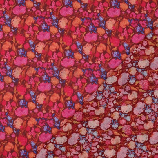 KATOEN VOILE DIGITAAL BLOEMEN BORDEAUXROOD #7