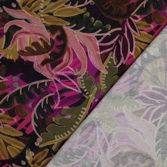 COTTON VISCOSE DIGITAL LEAVES PINK/OCHRE #7