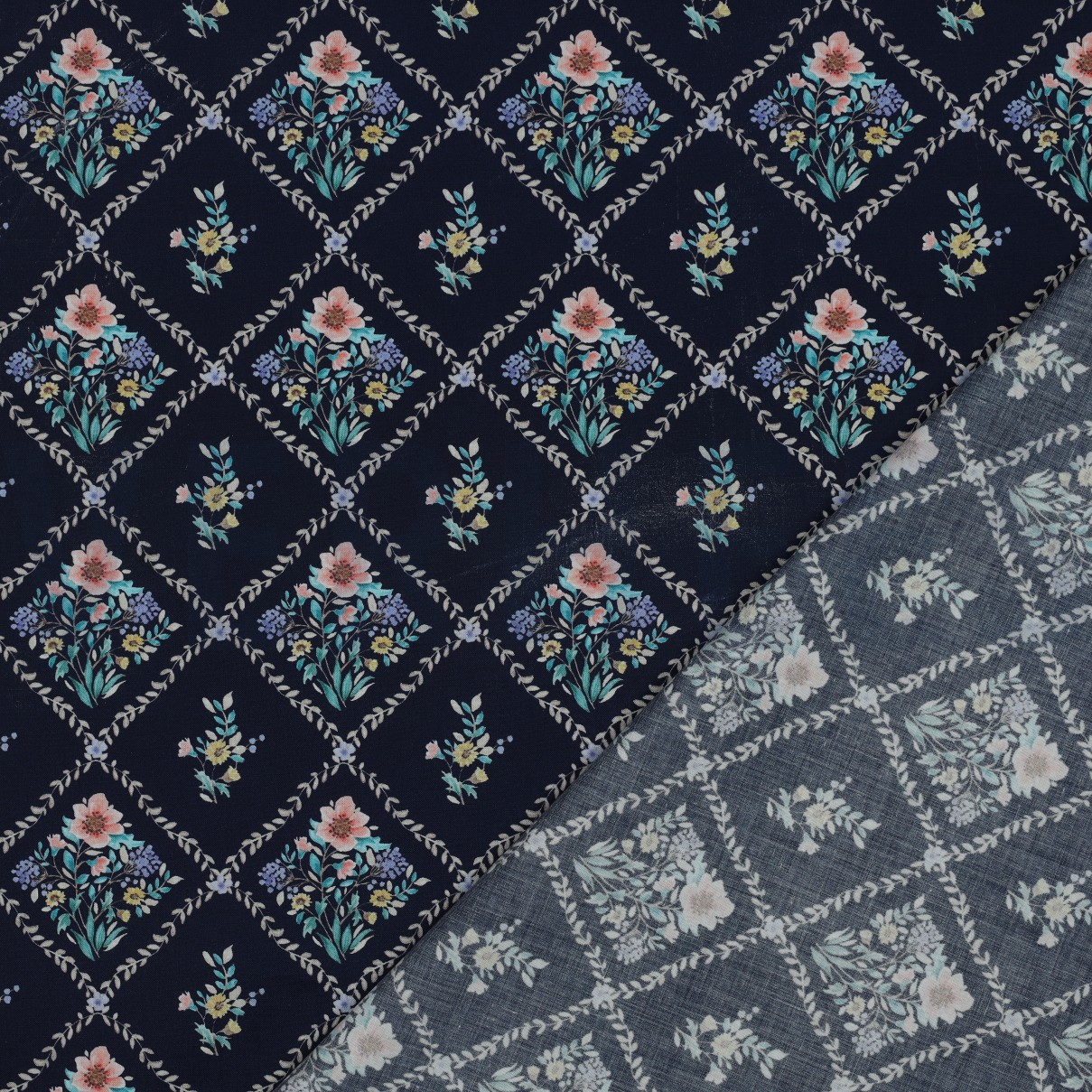 FINE POPLIN DIGITAL FLOWERS NAVY #7
