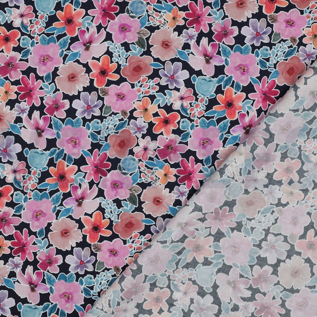 FINE POPLIN DIGITAL FLOWERS NAVY #7