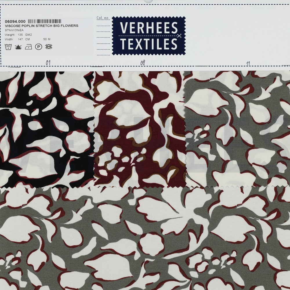 VISCOSE POPLIN STRETCH BIG BLOEMEN ZWART #7