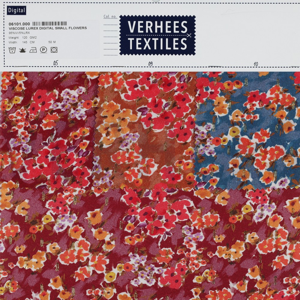VISCOSE LUREX DIGITAAL KLEINE BLOEMEN KERSENROOD #7