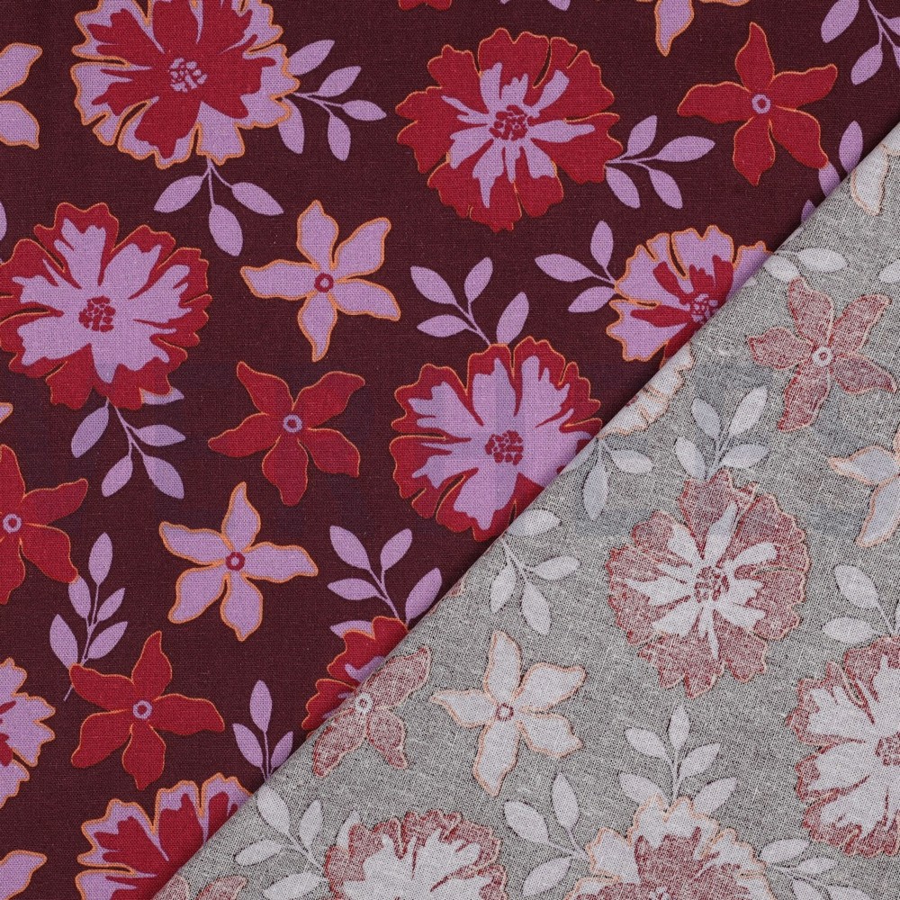 LIN VISCOSE FLEURS BORDEAUX #7