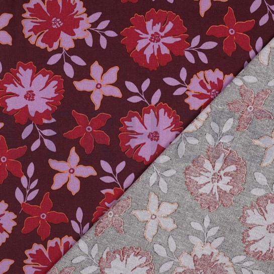 LINNEN VISCOSE BLOEMEN BORDEAUXROOD #7
