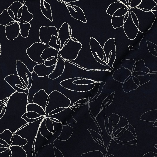 LINNEN VISCOSE EMBROIDERY BLOEMEN MARINEBLAUW #7