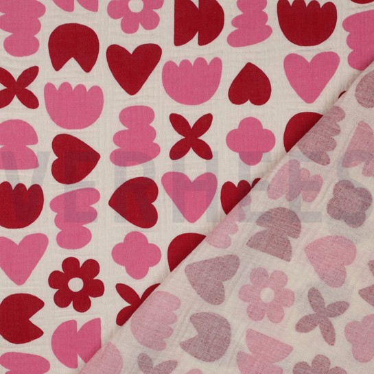 DOUBLE GAUZE GOTS NATURAL LOVE SHAPES NATURAL/FUCHSIA #7