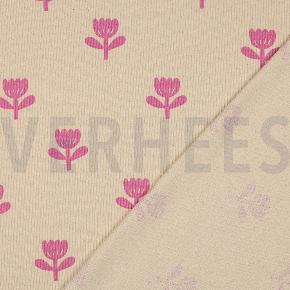 RIB JERSEY GOTS NATURAL FLOWERS NATURAL/FUCHSIA #7