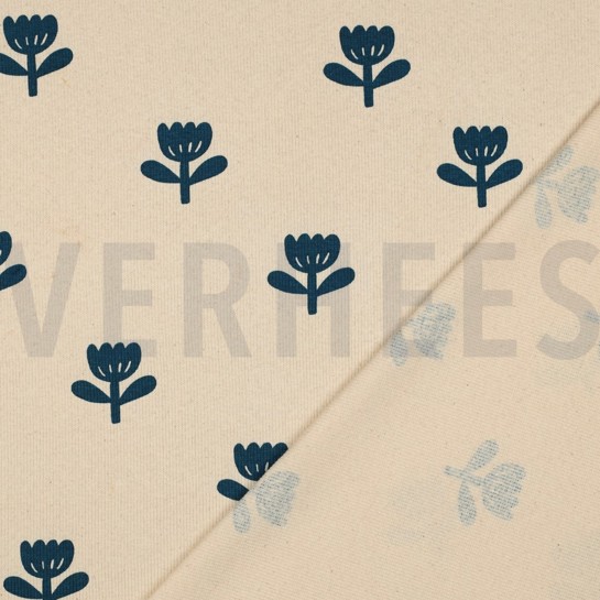 JERSEY CÔTELÉ GOTS NATURAL FLEURS NATUREL/PÉTROLE #7