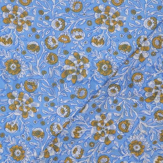 HANDGEMAAKTE BLOKPRINT KATOEN BLOEMEN BLAUW #7