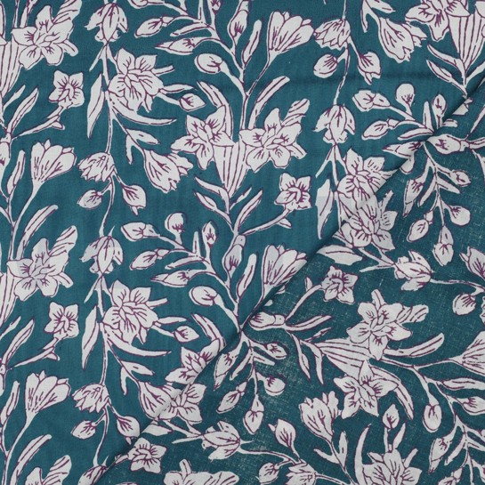 HANDCRAFTED BLOCK-PRINTED COTTON FLOWERS PETROL #7