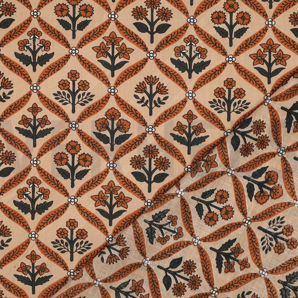 COTON IMPRIMÉ BLOCK FAIT MAIN FLEURS CAMEL #7