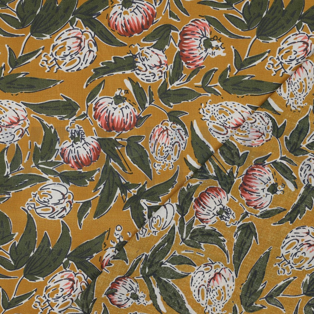 COTON IMPRIMÉ BLOCK FAIT MAIN FLEURS OCRE #7