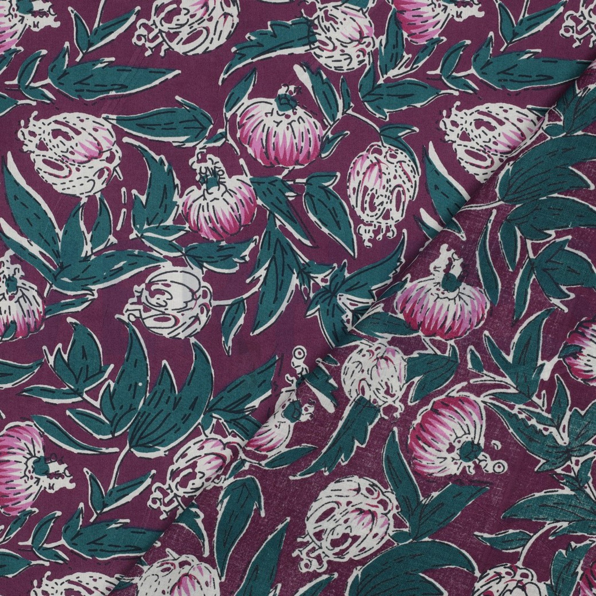 HANDGEMAAKTE BLOKPRINT KATOEN BLOEMEN AUBERGINE (high resolution) #4